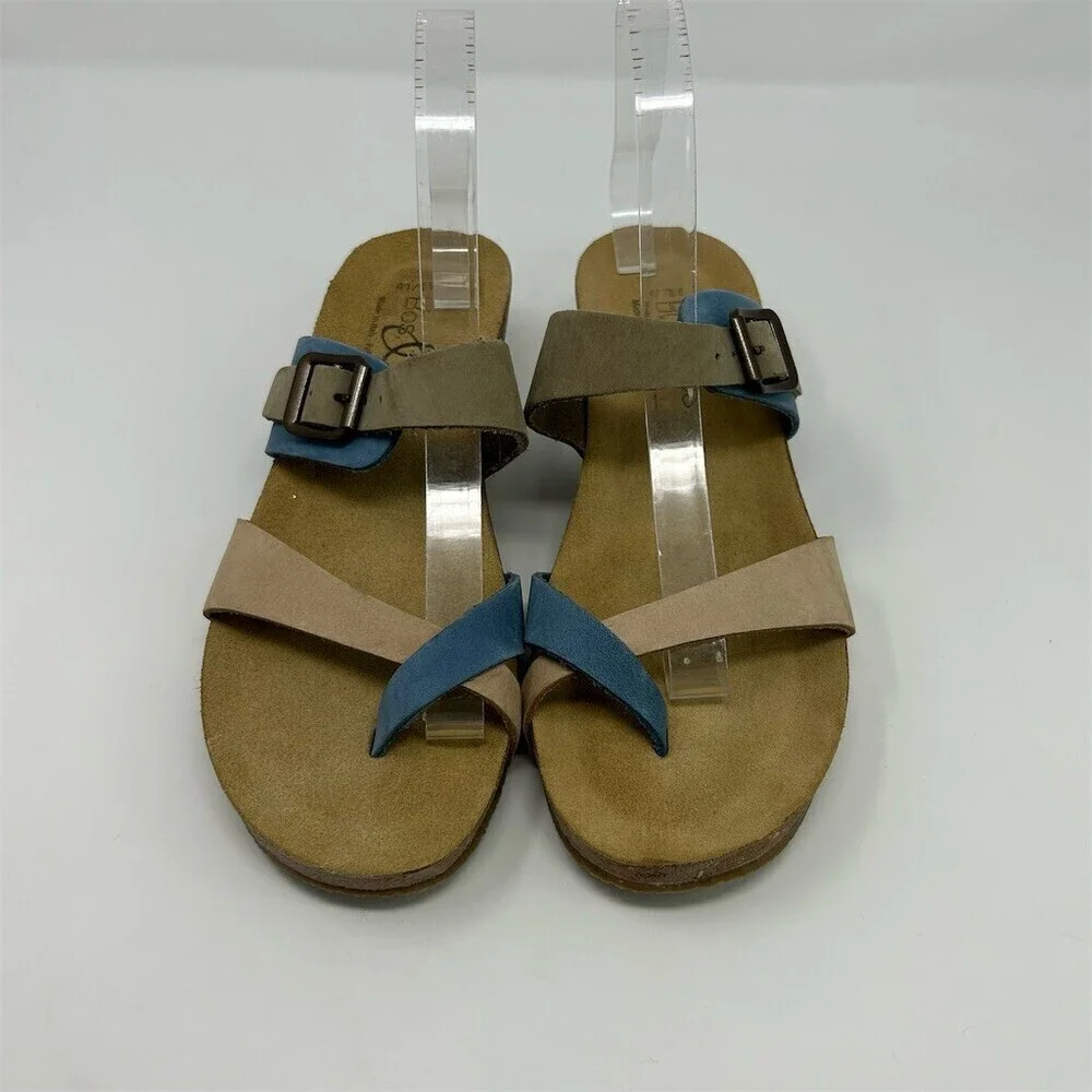 Bos & Co. Womens Blue Tan Slip On Wedge Thong Sandals Size 10 Made in Italy